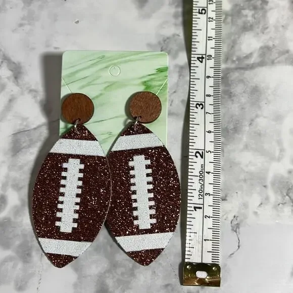 Handcrafted Faux Leather Glitter Football Earrings with Post Backs - Picture 4 of 5